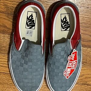Vans Deboss Grey and Red Slip-Ons Checkerboard Men’s 7.5 / Women’s 9